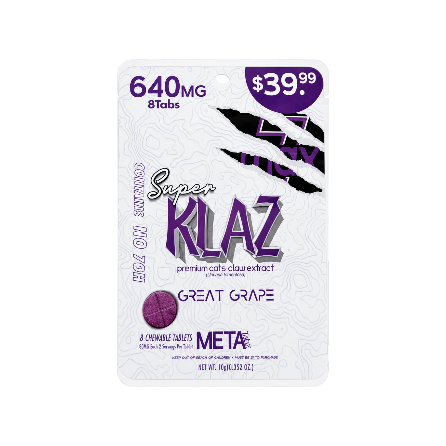 Meta Tabz 7max Klaz Cats Claw Prop Blend Tablets Great Grape 640mg 8ct 80mg Tab